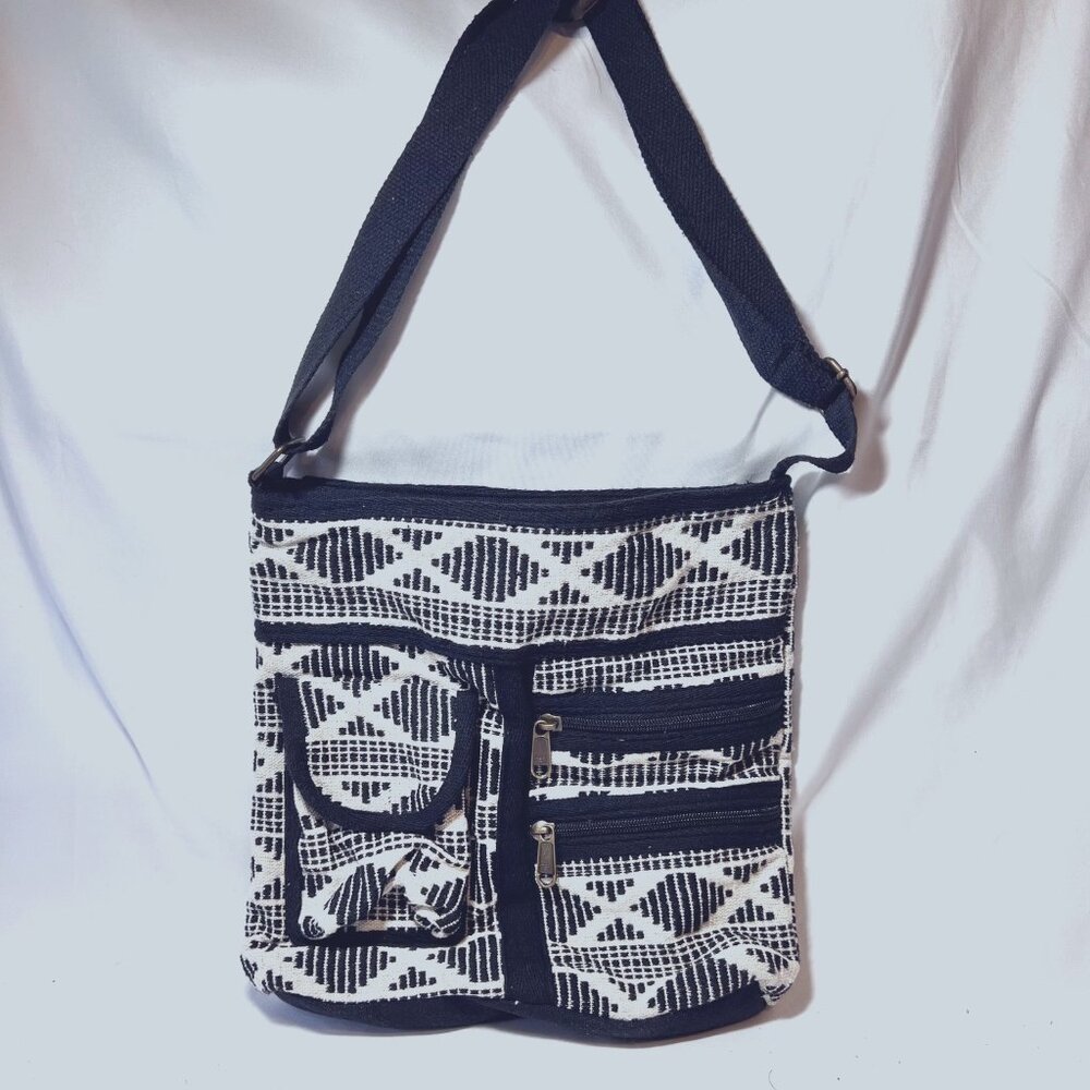 Crossbody Black & White Canvas/Knit Woven Aztec-Adjustable Strap-Made in India